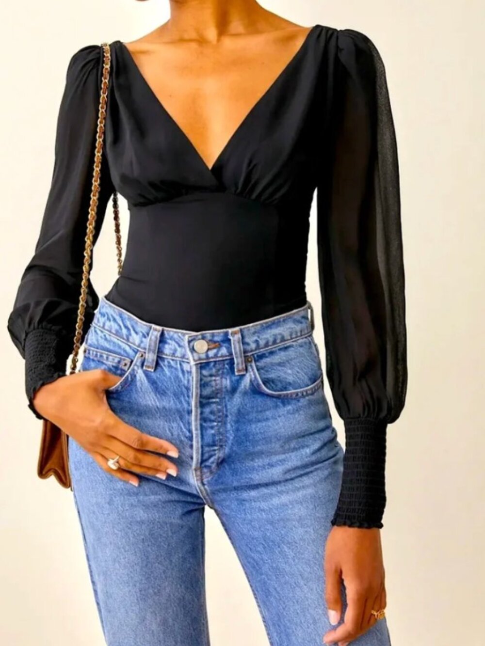 Reformation Michel Black Long Sleeve Fitted Top